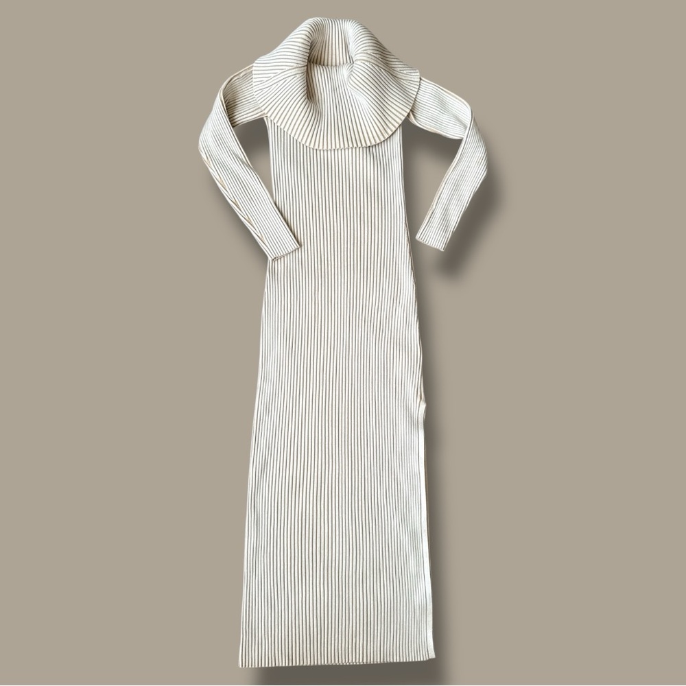 Anthropologie Ribbed Off-Shoulder Midi Dress in Beige - Picture 4 of 8